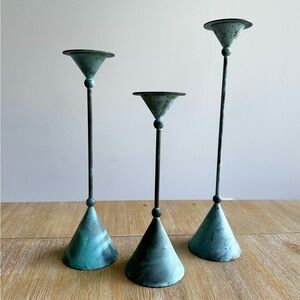 Vintage Verdigris Christian De Beaumont Memphis Style Candlesticks Set Of 3 MCM